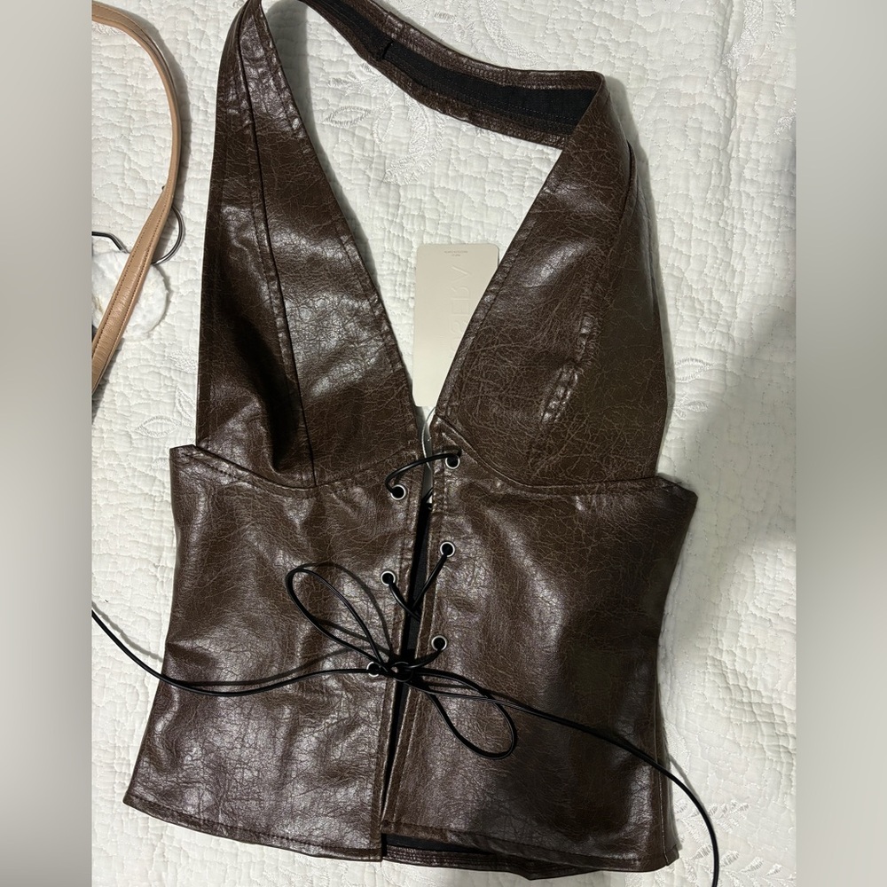 Brown Sleeveless Bustier Bodysuit with Tie Front
